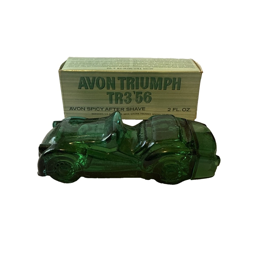 Vtg Avon Triumph TR3 56 Spicy After Shave Decanter Green Glass Bottle Box Full
